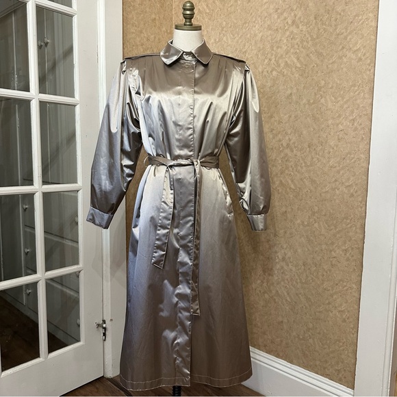 VTG 80s Metallic Champagne Tone Trench Coat - Picture 2 of 14
